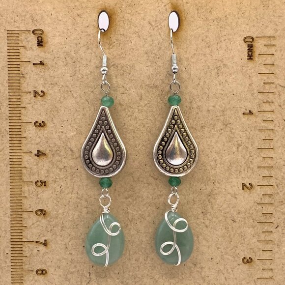 Green Aventurine Gemstone Beads Dangle Drop Handmade Pierced Earrings LR131 - Picture 2 of 4